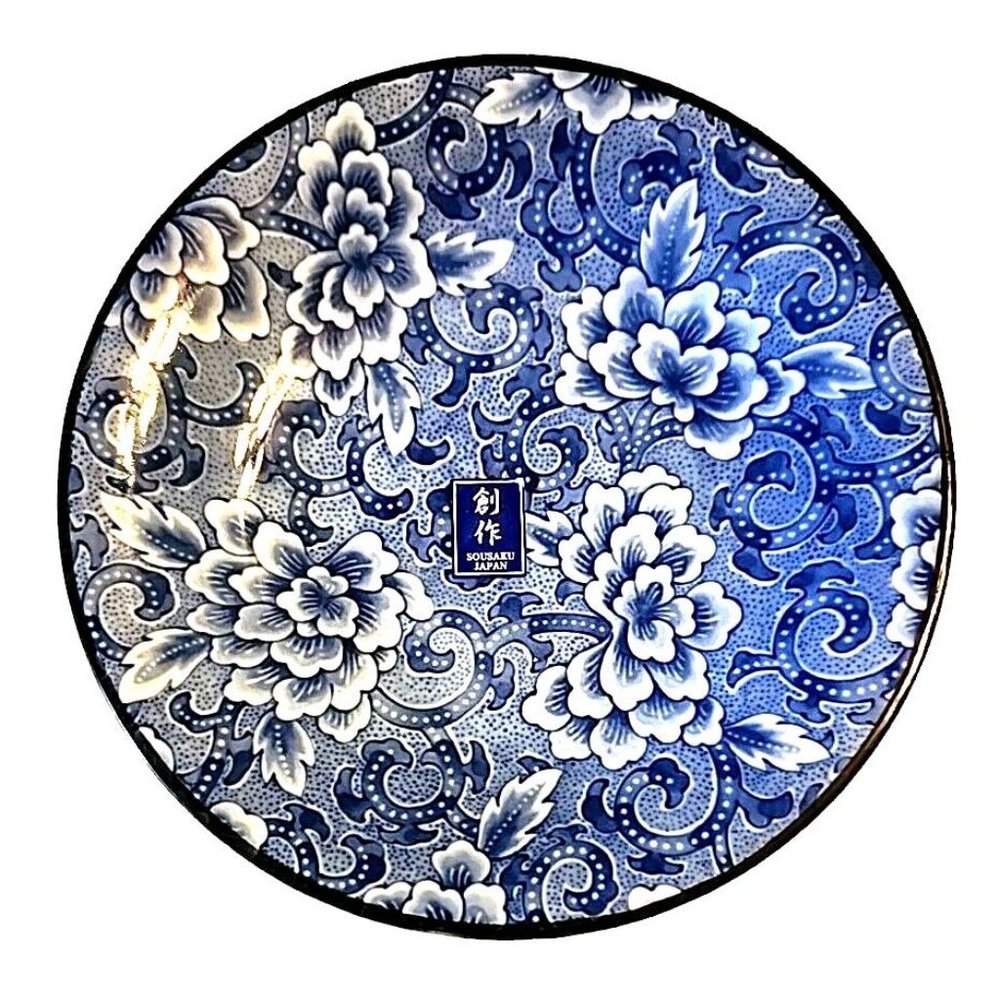 Blue White Shallow Fruit Bowl Dish Japan 6 1/2” NEW Floral Design